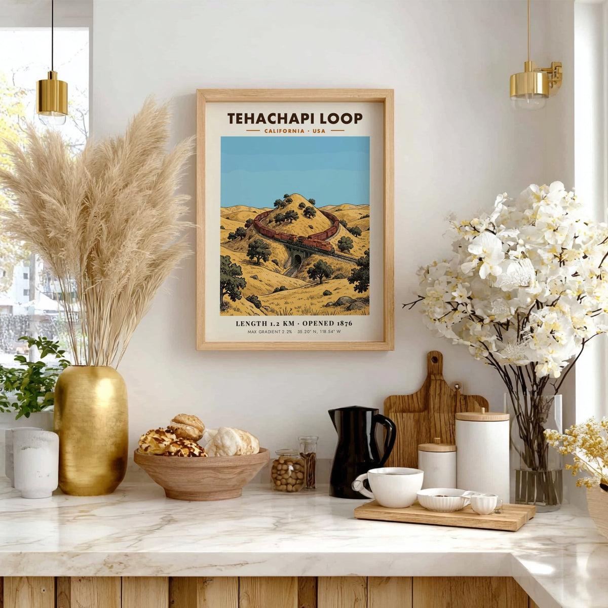 Poster of the Tehachapi Loop in California featuring a red train on tracks.