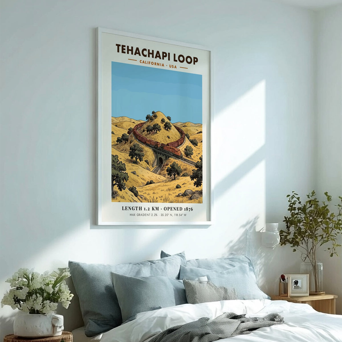 Poster of the Tehachapi Loop in California featuring a red train on tracks.