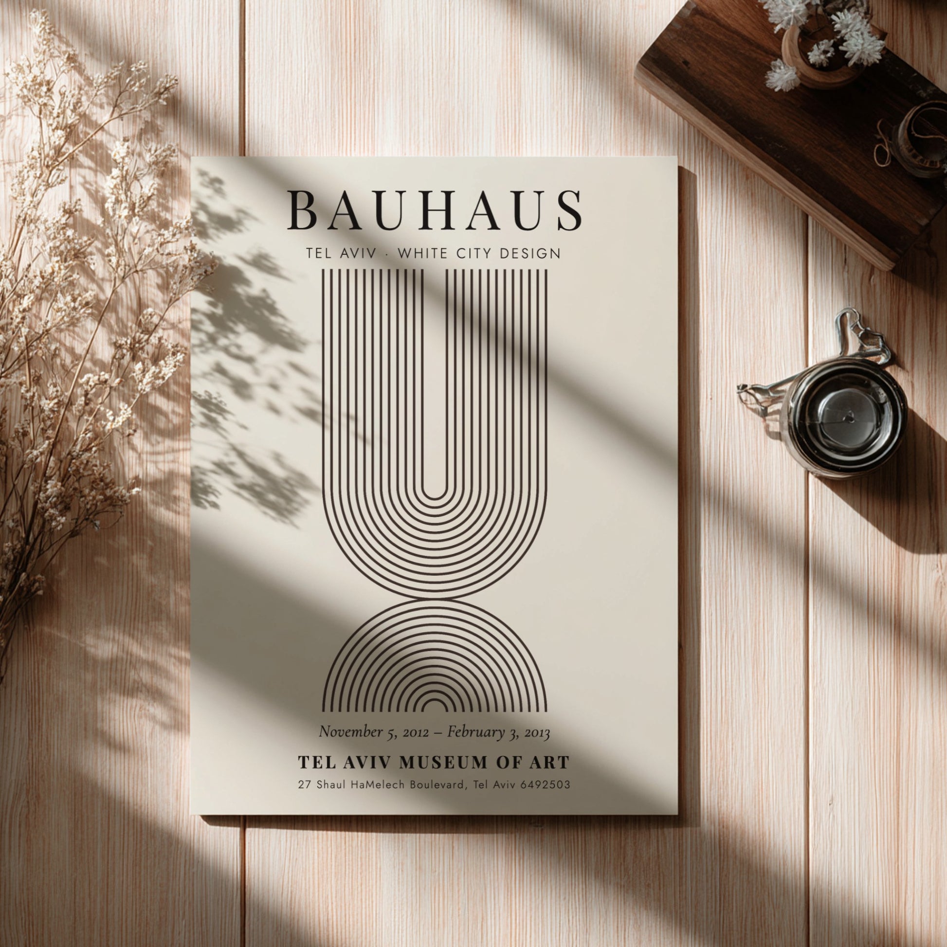 Bauhaus poster featuring Tel Aviv White City design with geometric lines and muted colors