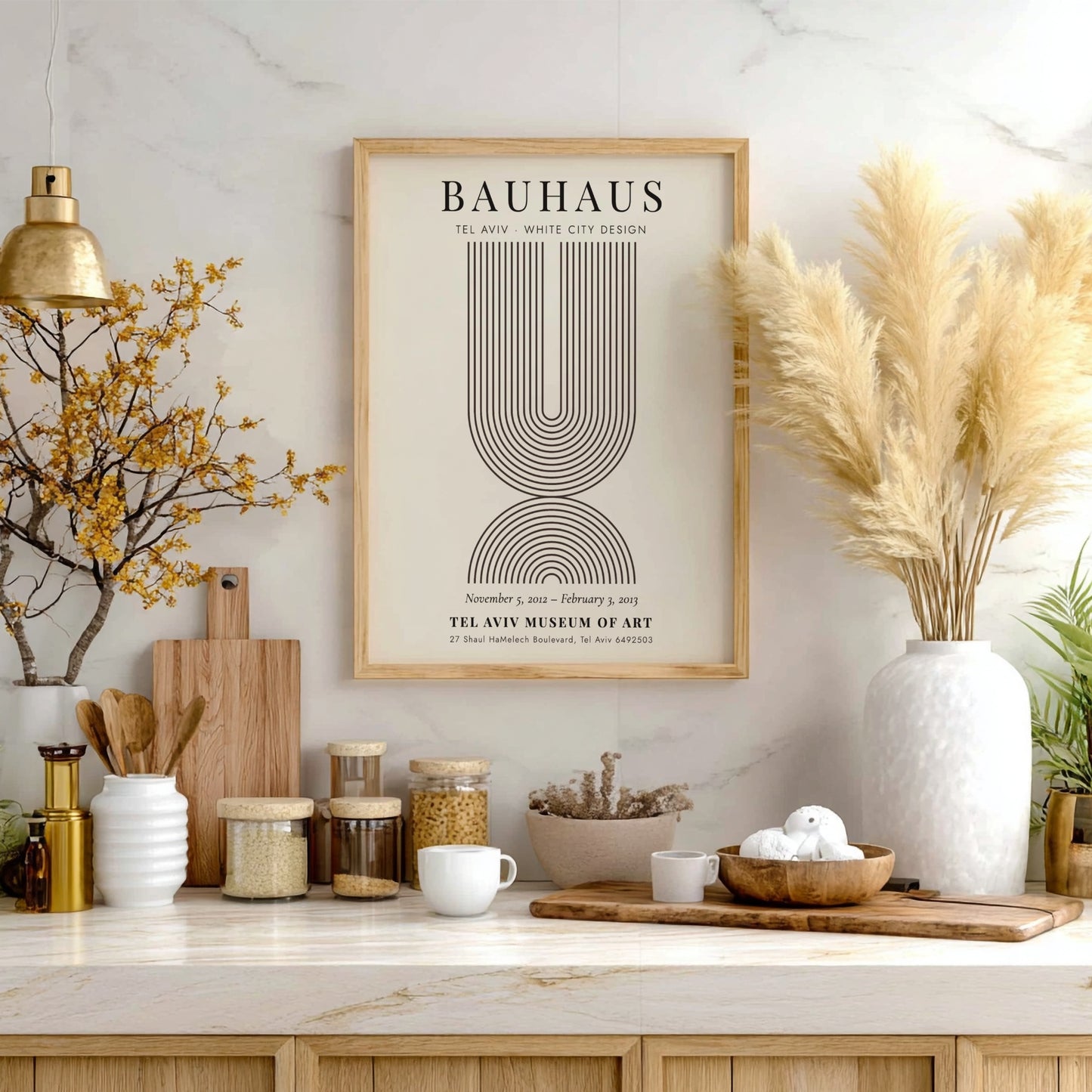 Bauhaus poster featuring Tel Aviv White City design with geometric lines and muted colors