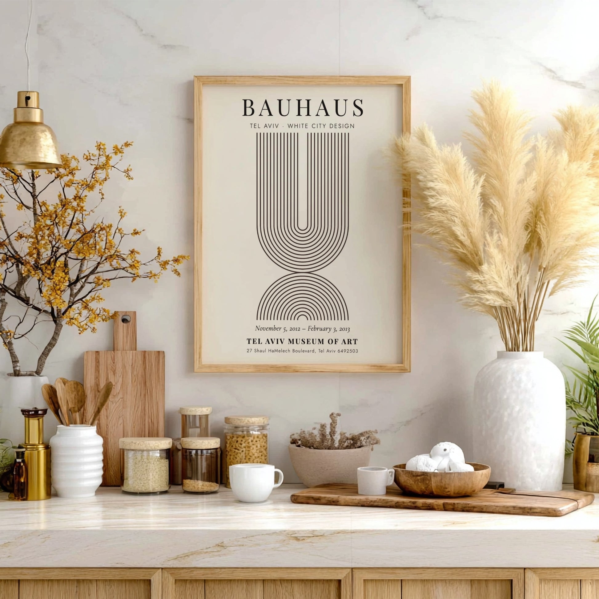 Bauhaus poster featuring Tel Aviv White City design with geometric lines and muted colors