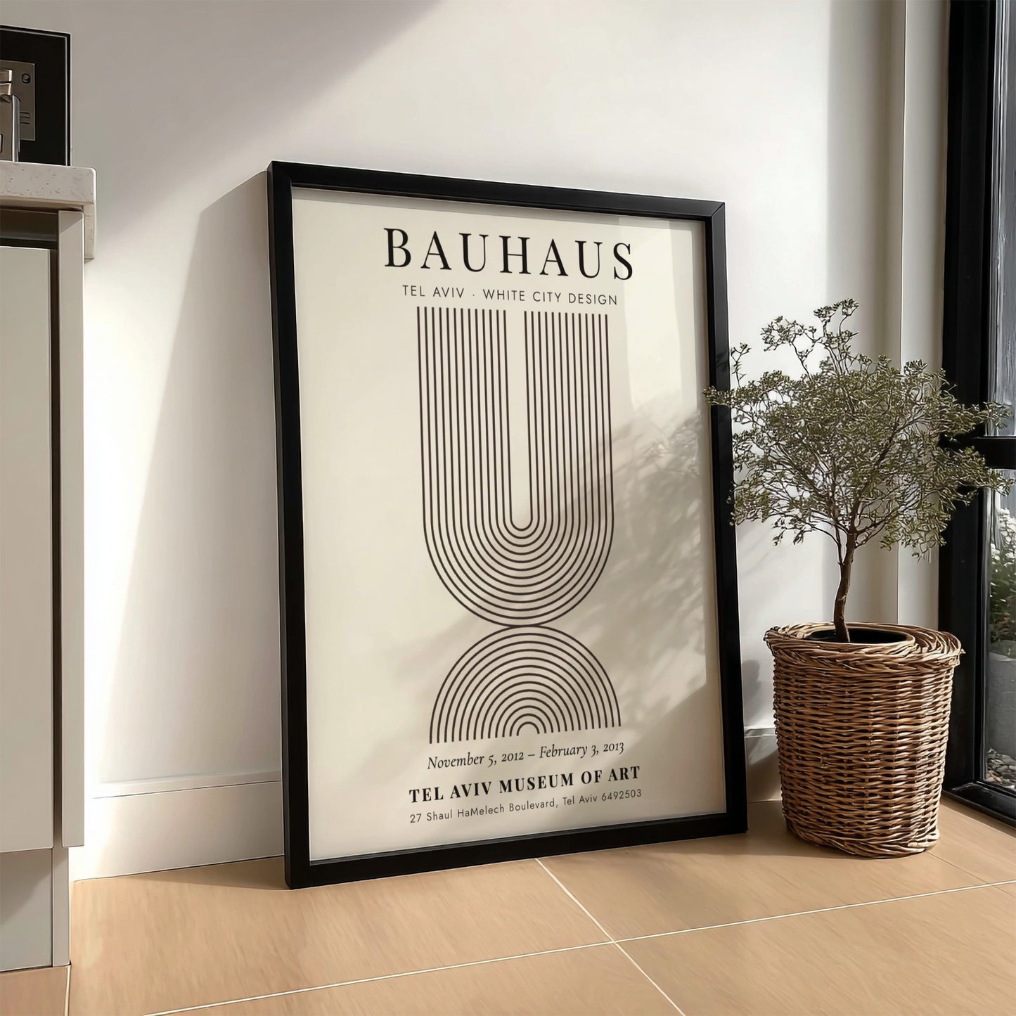 Bauhaus poster featuring Tel Aviv White City design with geometric lines and muted colors