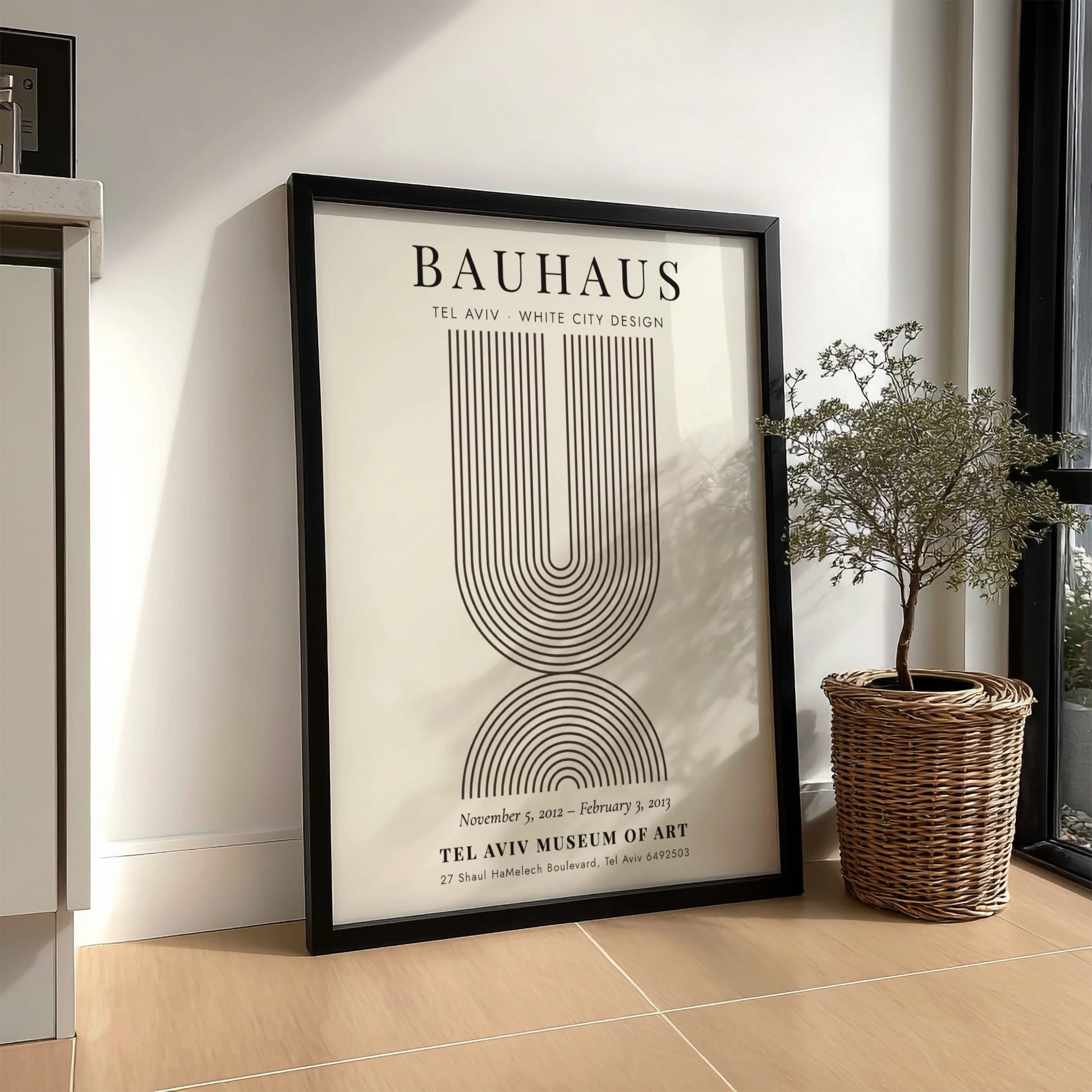 Bauhaus poster featuring Tel Aviv White City design with geometric lines and muted colors