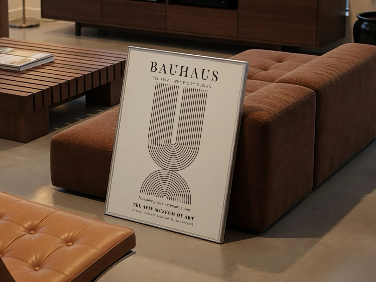 Bauhaus poster featuring Tel Aviv White City design with geometric lines and muted colors