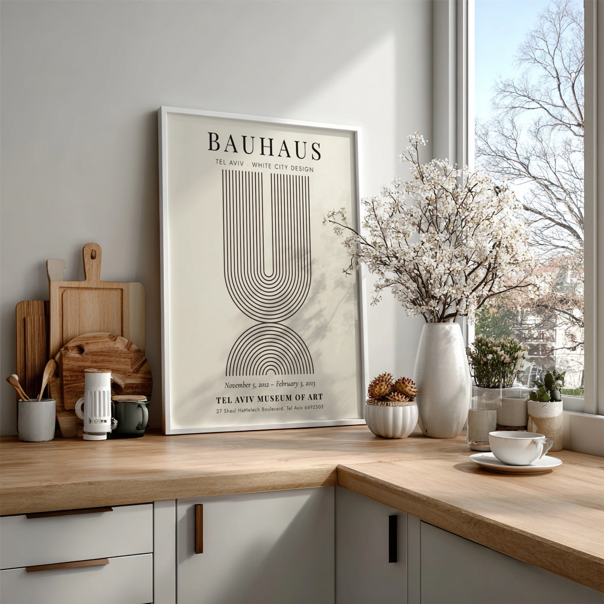 Bauhaus poster featuring Tel Aviv White City design with geometric lines and muted colors