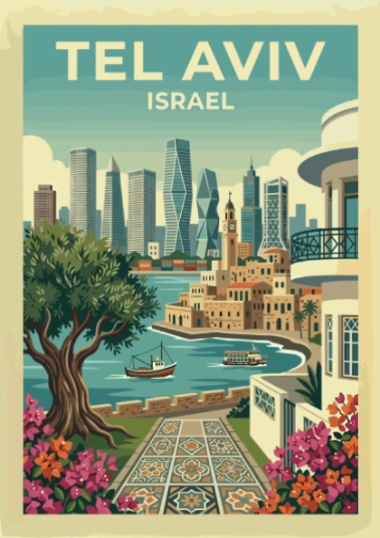 Tel Aviv skyline travel poster with a stylized cityscape and floral accents, featuring a warm color palette.
