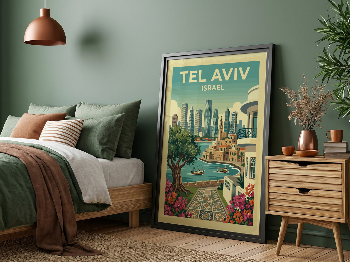 Tel Aviv skyline travel poster with a stylized cityscape and floral accents, featuring a warm color palette.