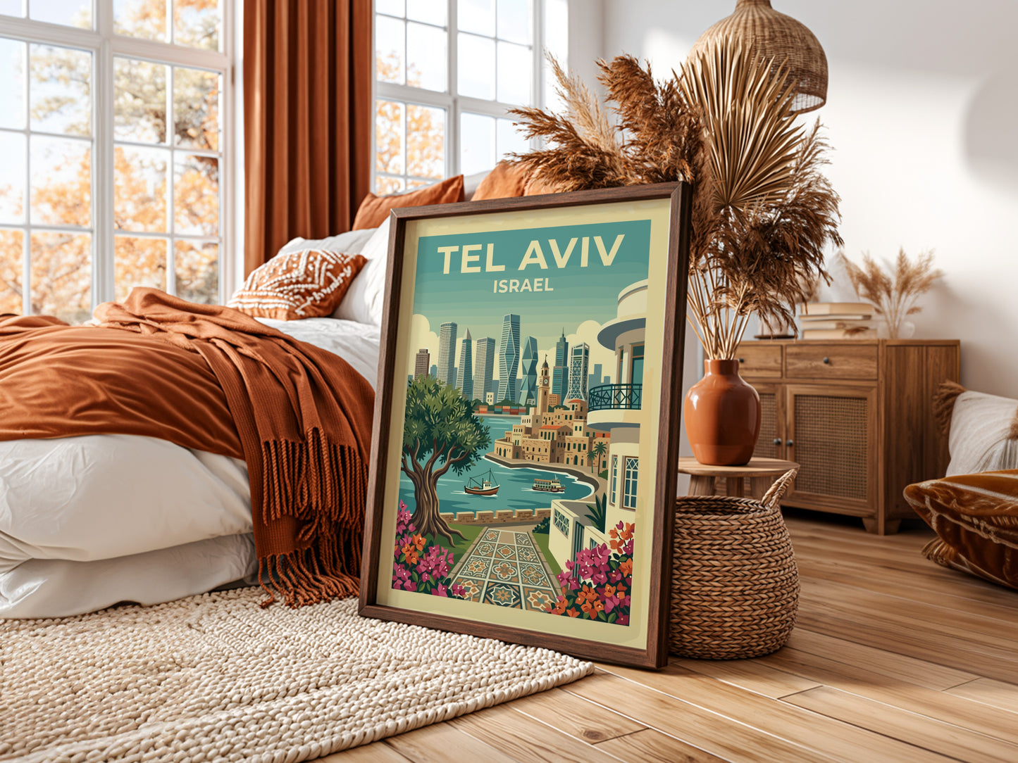 Tel Aviv skyline travel poster with a stylized cityscape and floral accents, featuring a warm color palette.