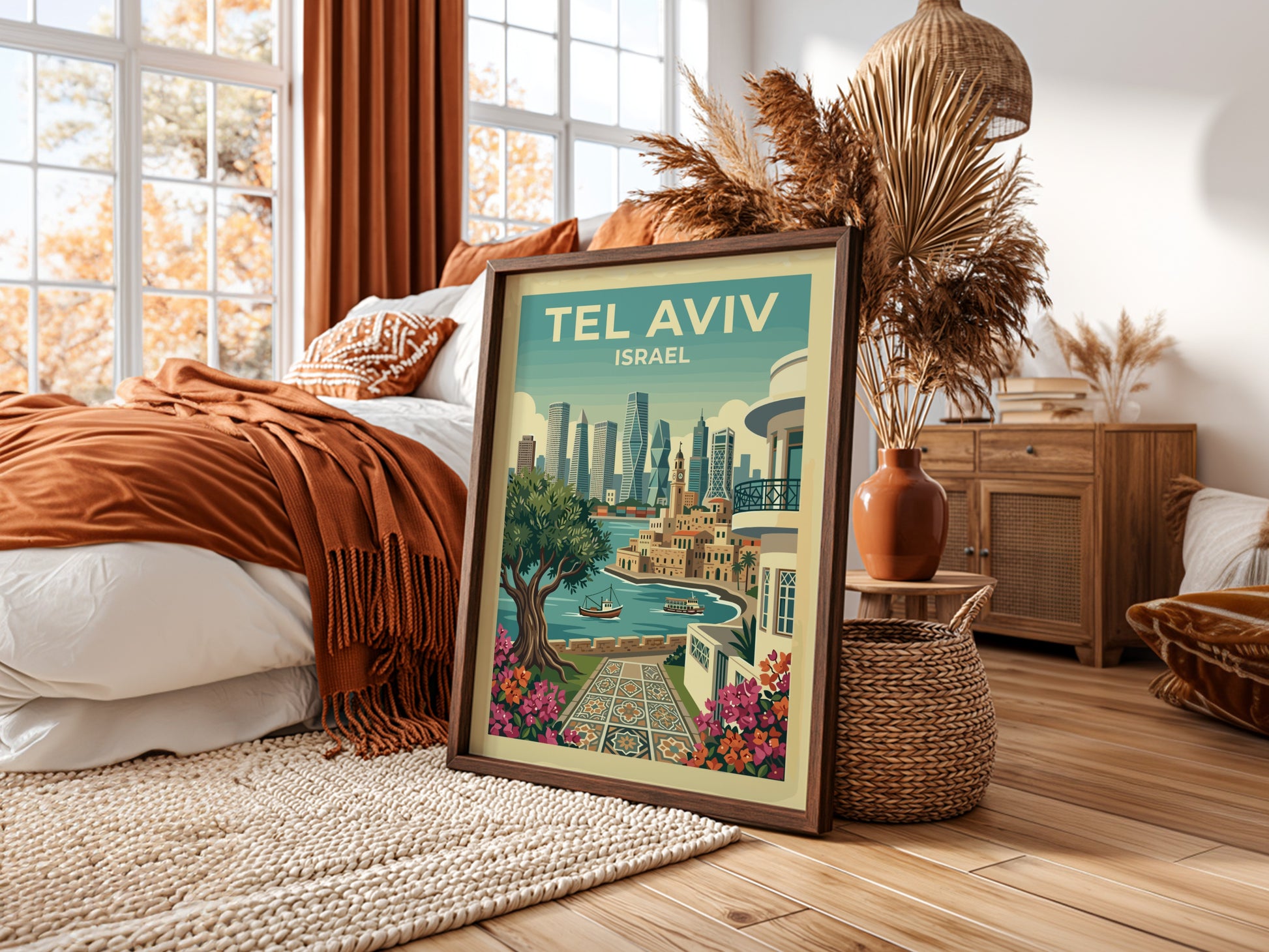 Tel Aviv skyline travel poster with a stylized cityscape and floral accents, featuring a warm color palette.