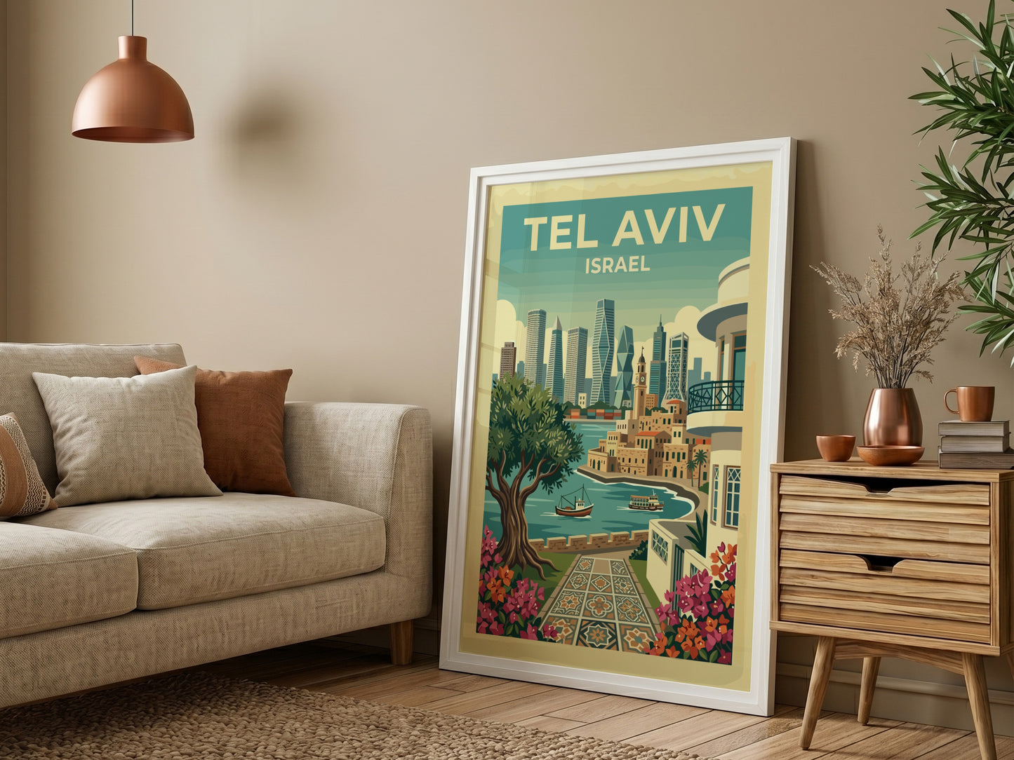Tel Aviv skyline travel poster with a stylized cityscape and floral accents, featuring a warm color palette.