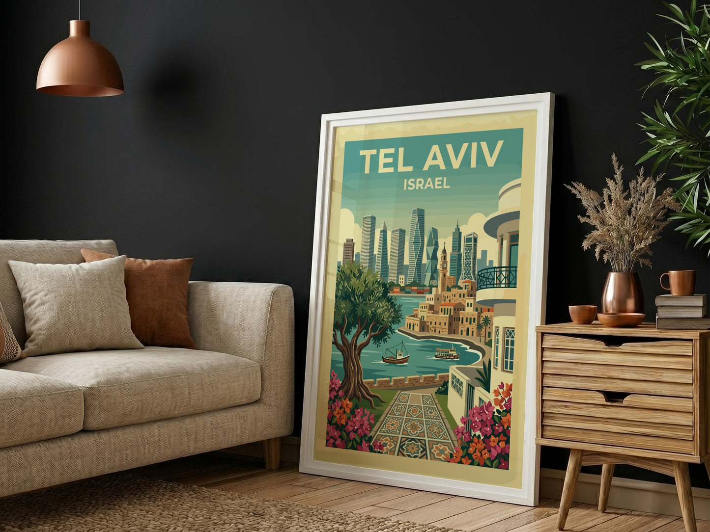 Tel Aviv skyline travel poster with a stylized cityscape and floral accents, featuring a warm color palette.