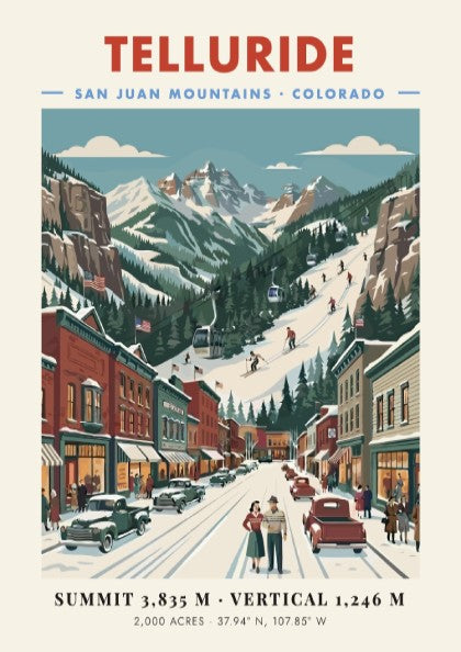 Telluride ski resort poster featuring vintage mountain scene with snow and town streets