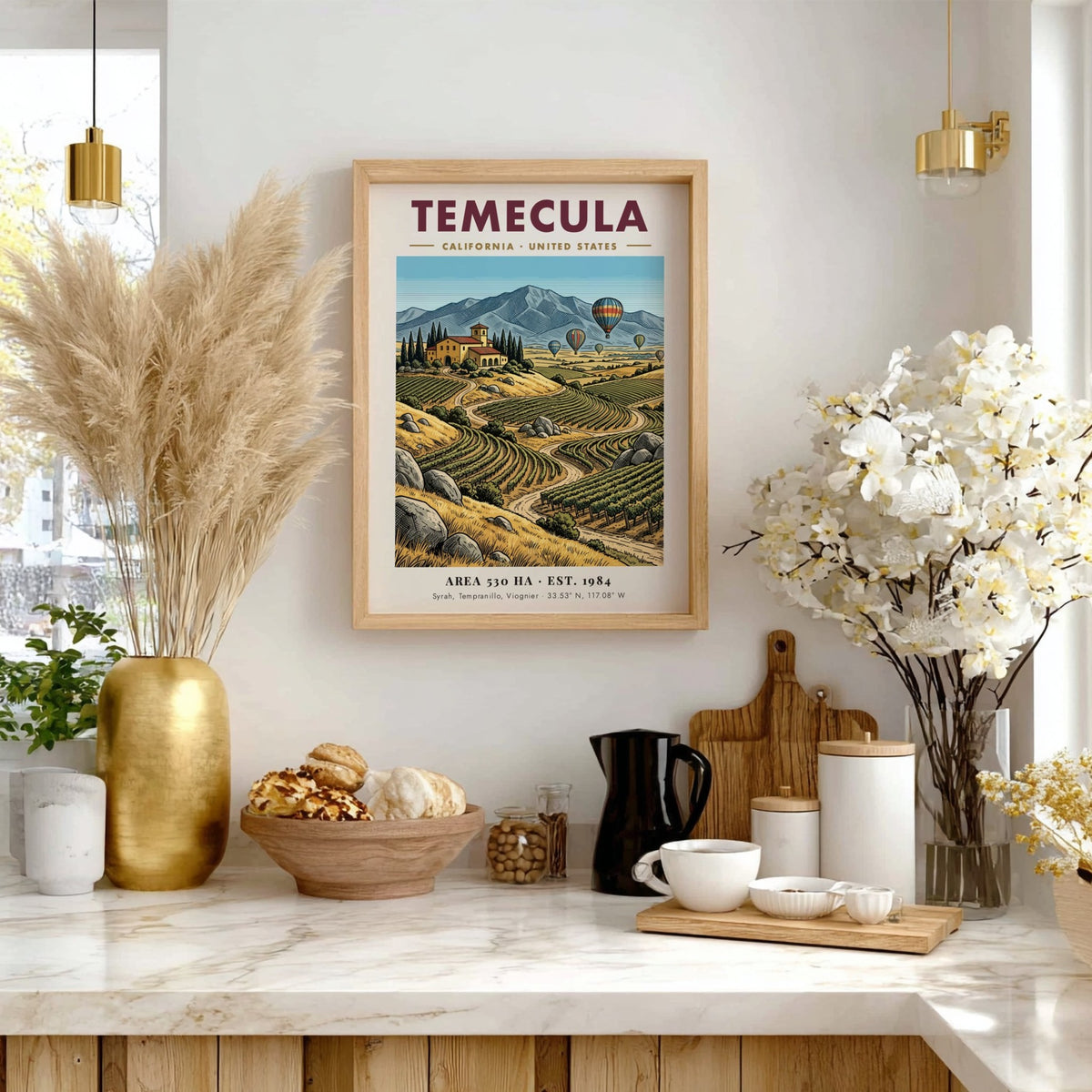 Poster of Temecula California vineyards with hot air balloons over mountains in vintage style