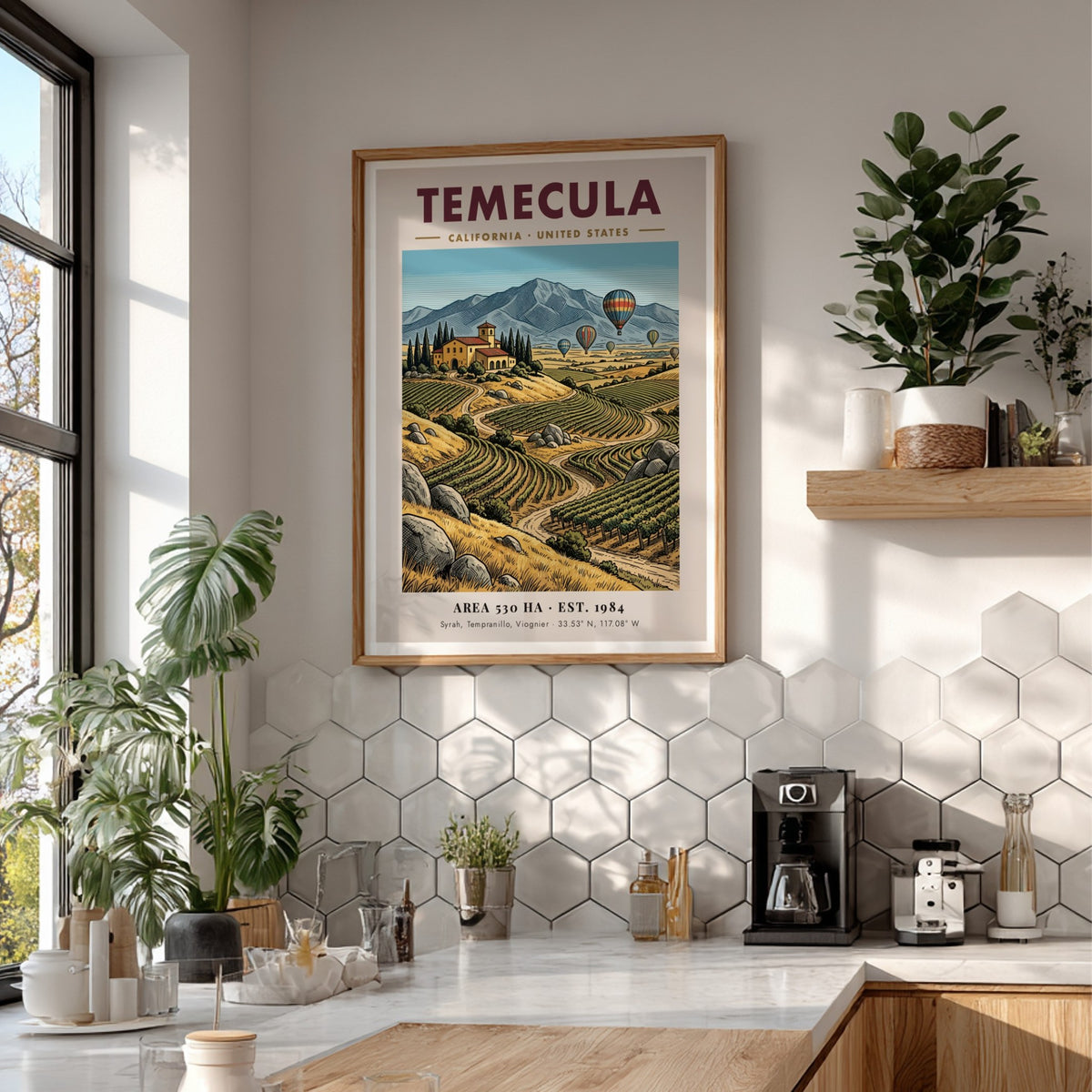 Poster of Temecula California vineyards with hot air balloons over mountains in vintage style