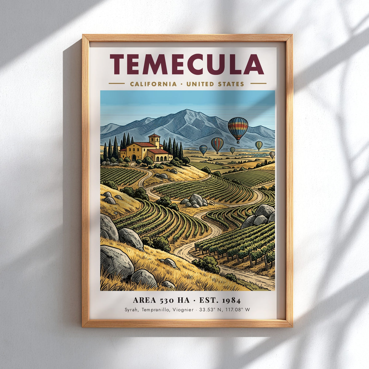 Poster of Temecula California vineyards with hot air balloons over mountains in vintage style