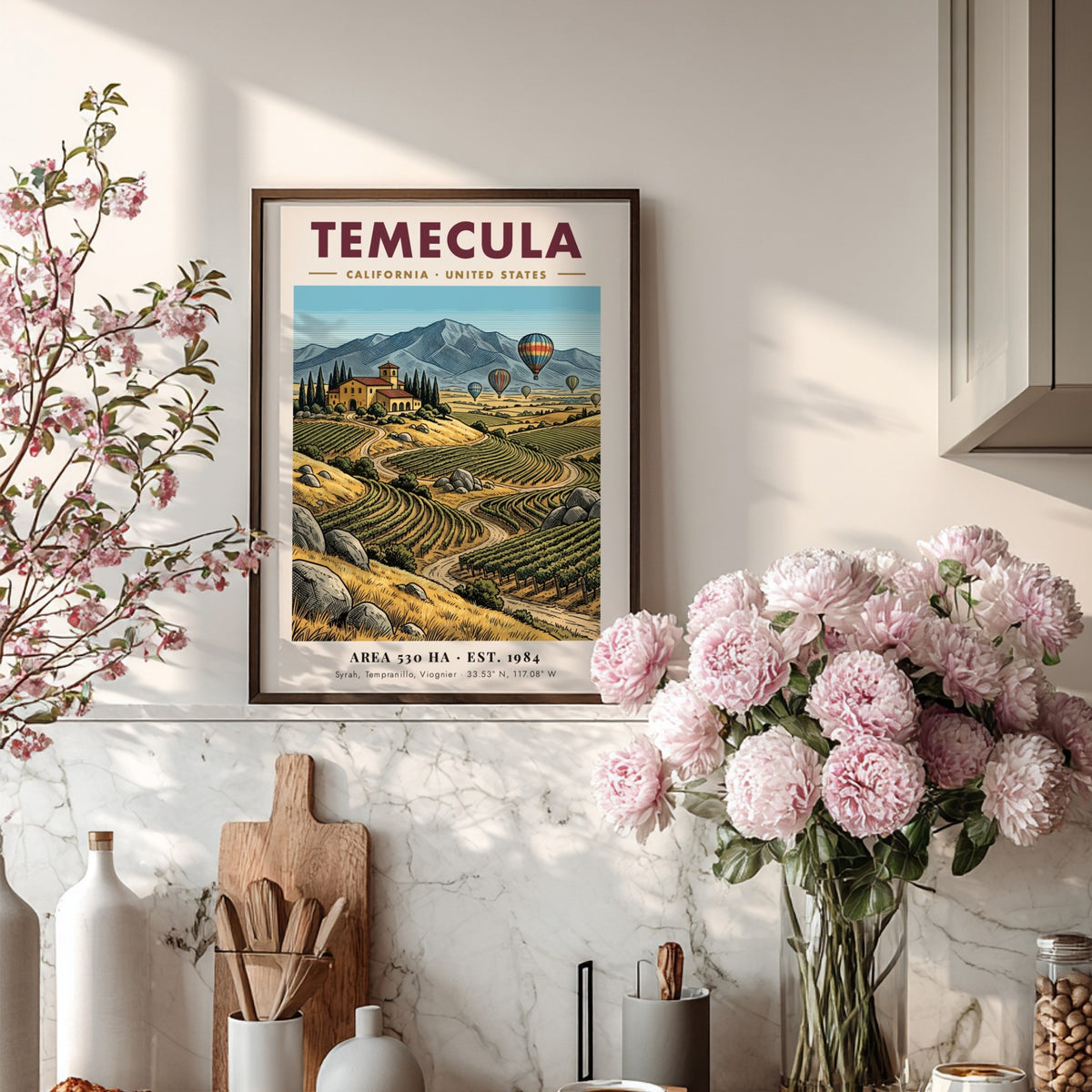 Poster of Temecula California vineyards with hot air balloons over mountains in vintage style