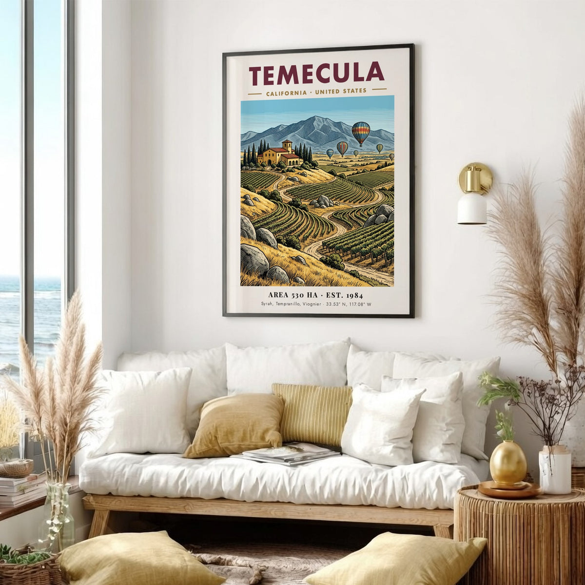 Poster of Temecula California vineyards with hot air balloons over mountains in vintage style