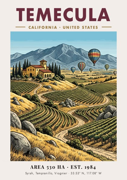 Poster of Temecula California vineyards with hot air balloons over mountains in vintage style