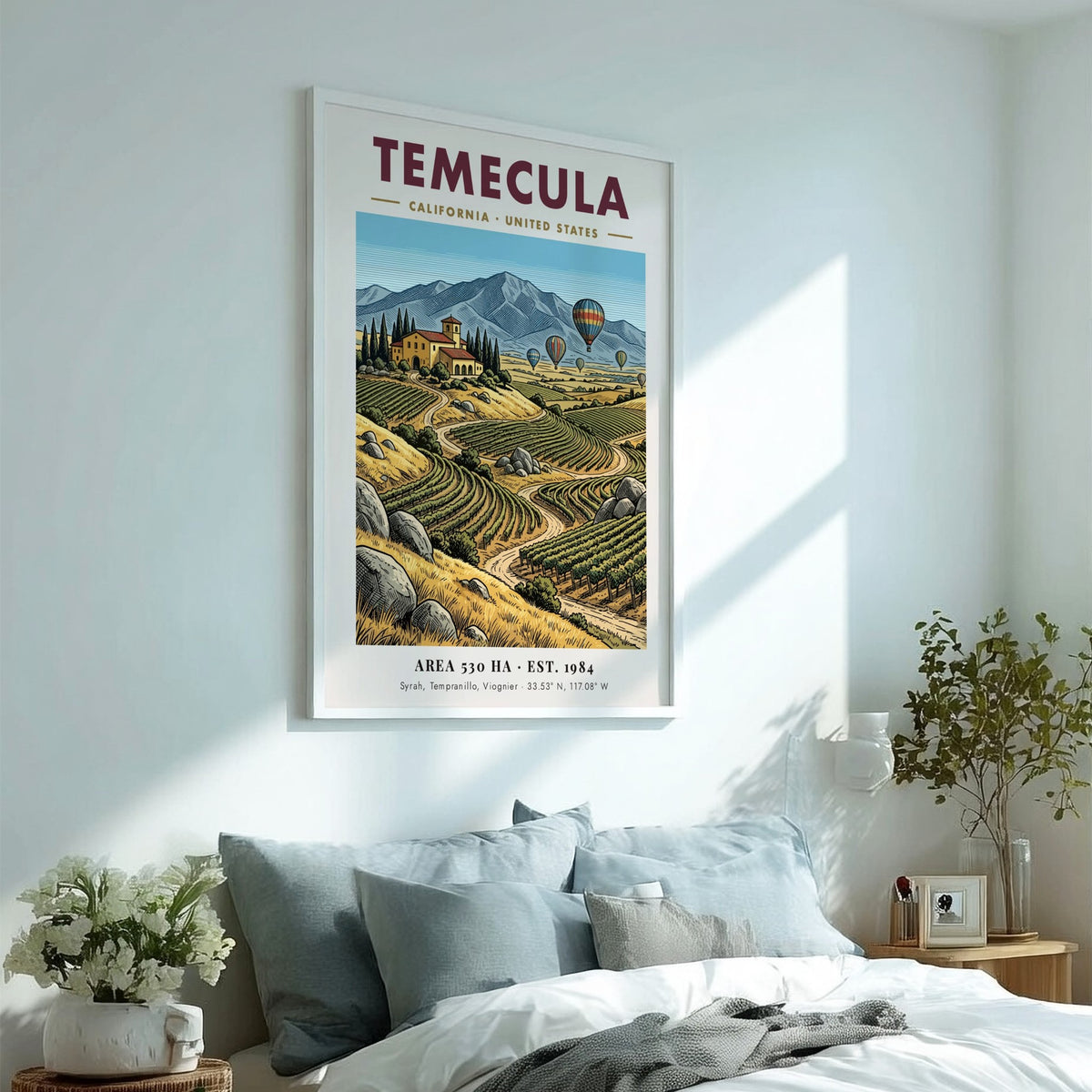 Poster of Temecula California vineyards with hot air balloons over mountains in vintage style