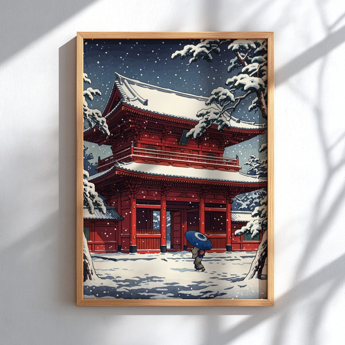 Poster featuring a bright red Japanese temple gate in a snowy winter landscape setting.