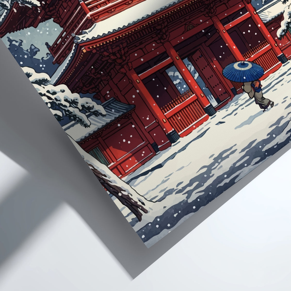 Poster featuring a bright red Japanese temple gate in a snowy winter landscape setting.