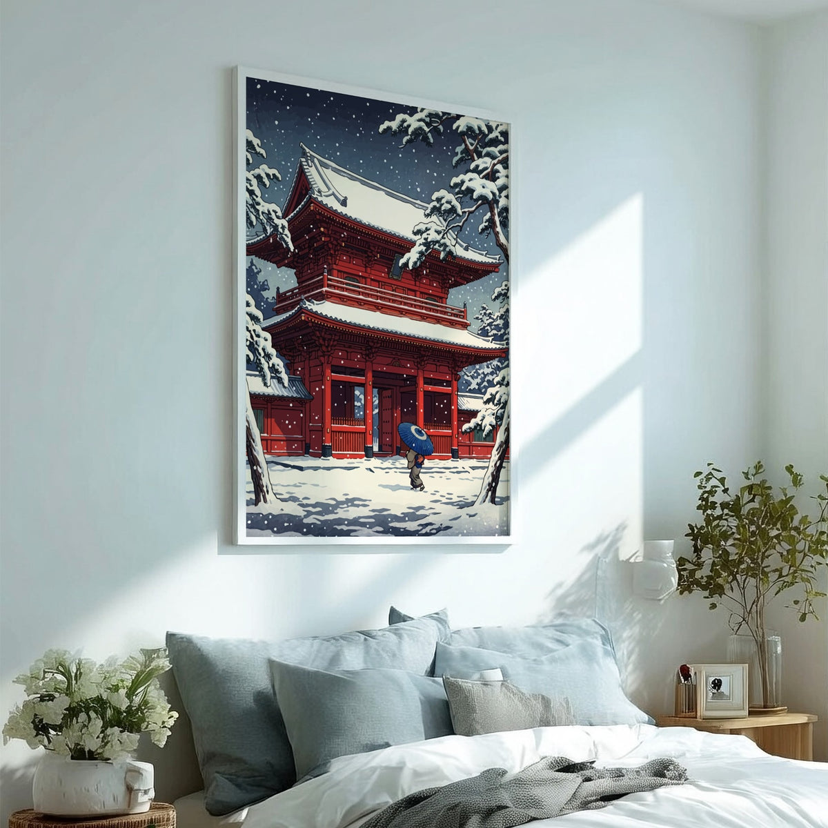 Poster featuring a bright red Japanese temple gate in a snowy winter landscape setting.