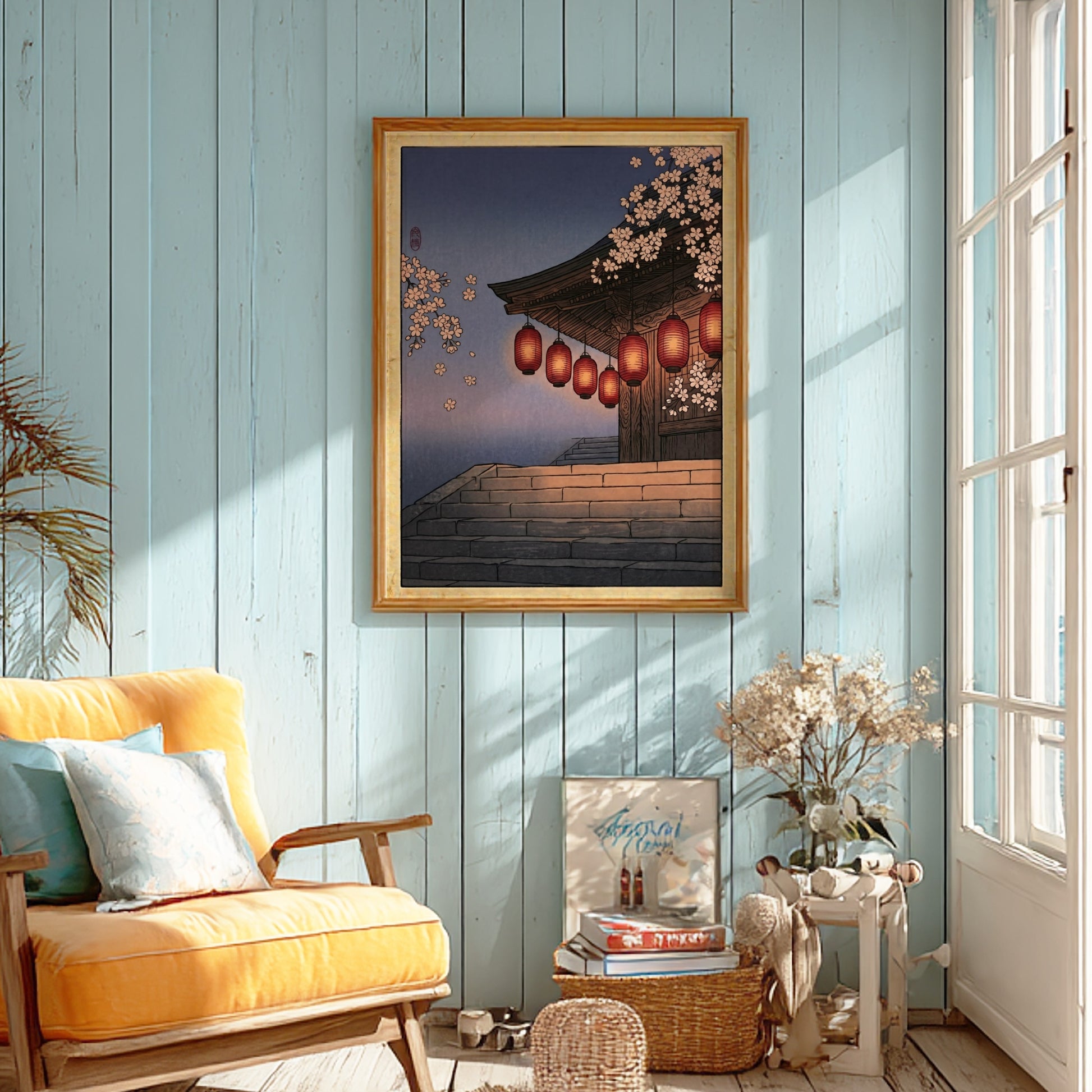 Japanese art style poster featuring red lanterns and cherry blossoms in soft twilight colors