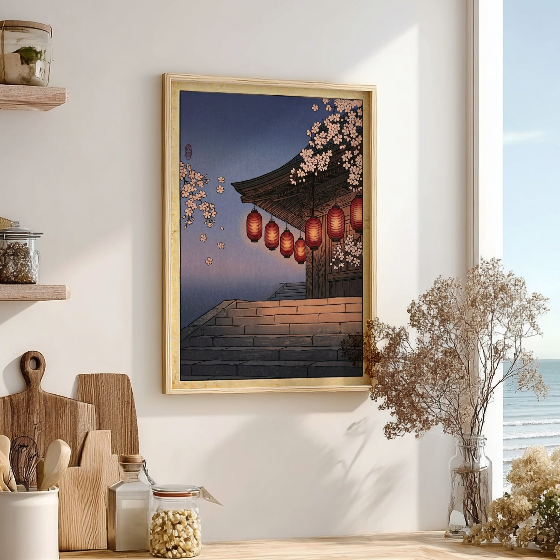 Japanese art style poster featuring red lanterns and cherry blossoms in soft twilight colors