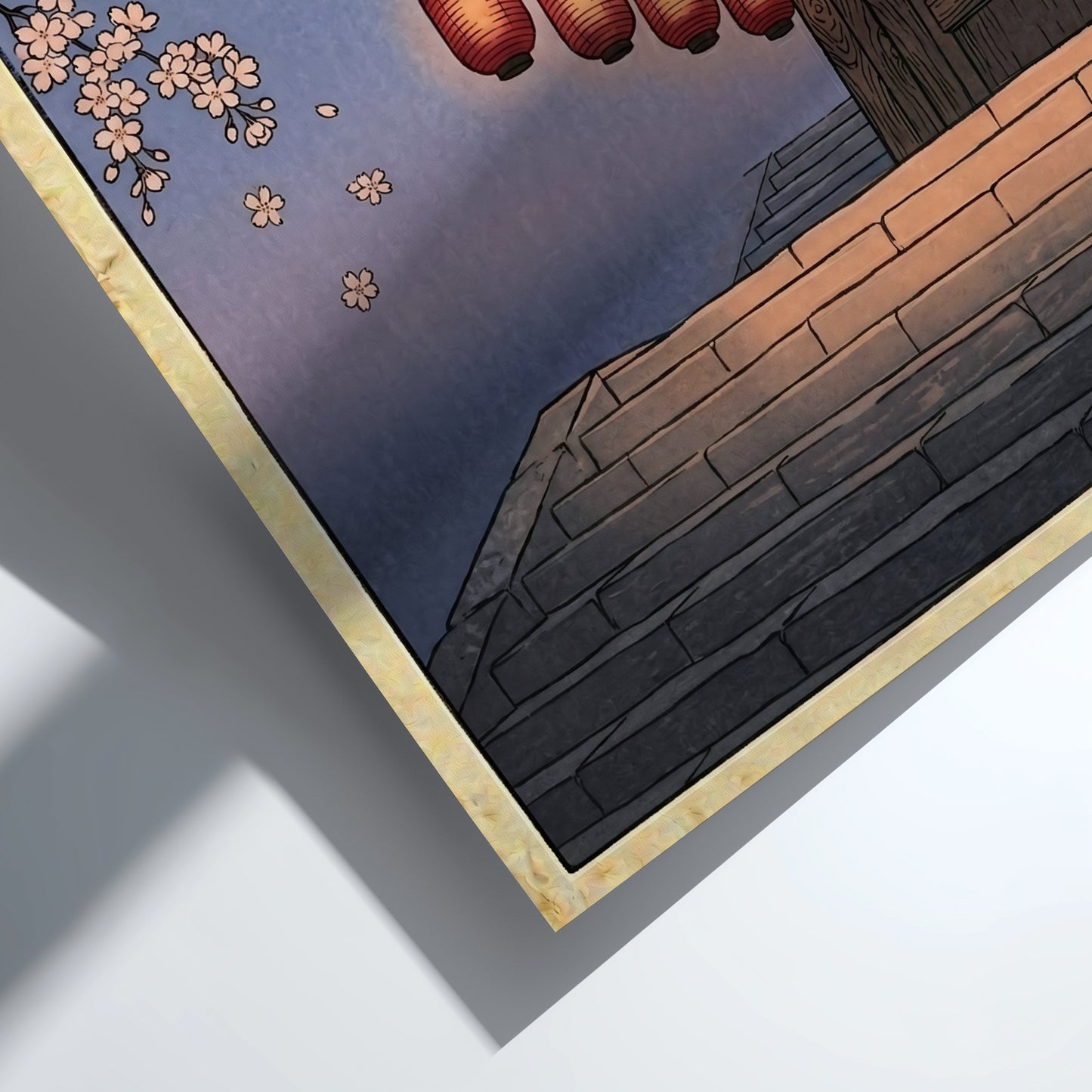 Japanese art style poster featuring red lanterns and cherry blossoms in soft twilight colors