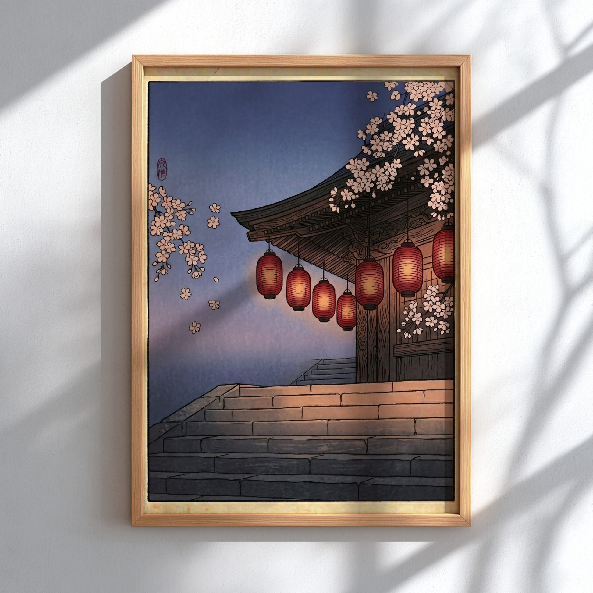Japanese art style poster featuring red lanterns and cherry blossoms in soft twilight colors