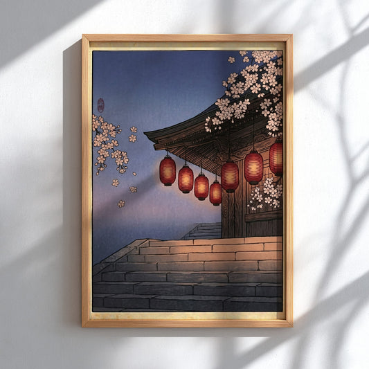 Japanese art style poster featuring red lanterns and cherry blossoms in soft twilight colors
