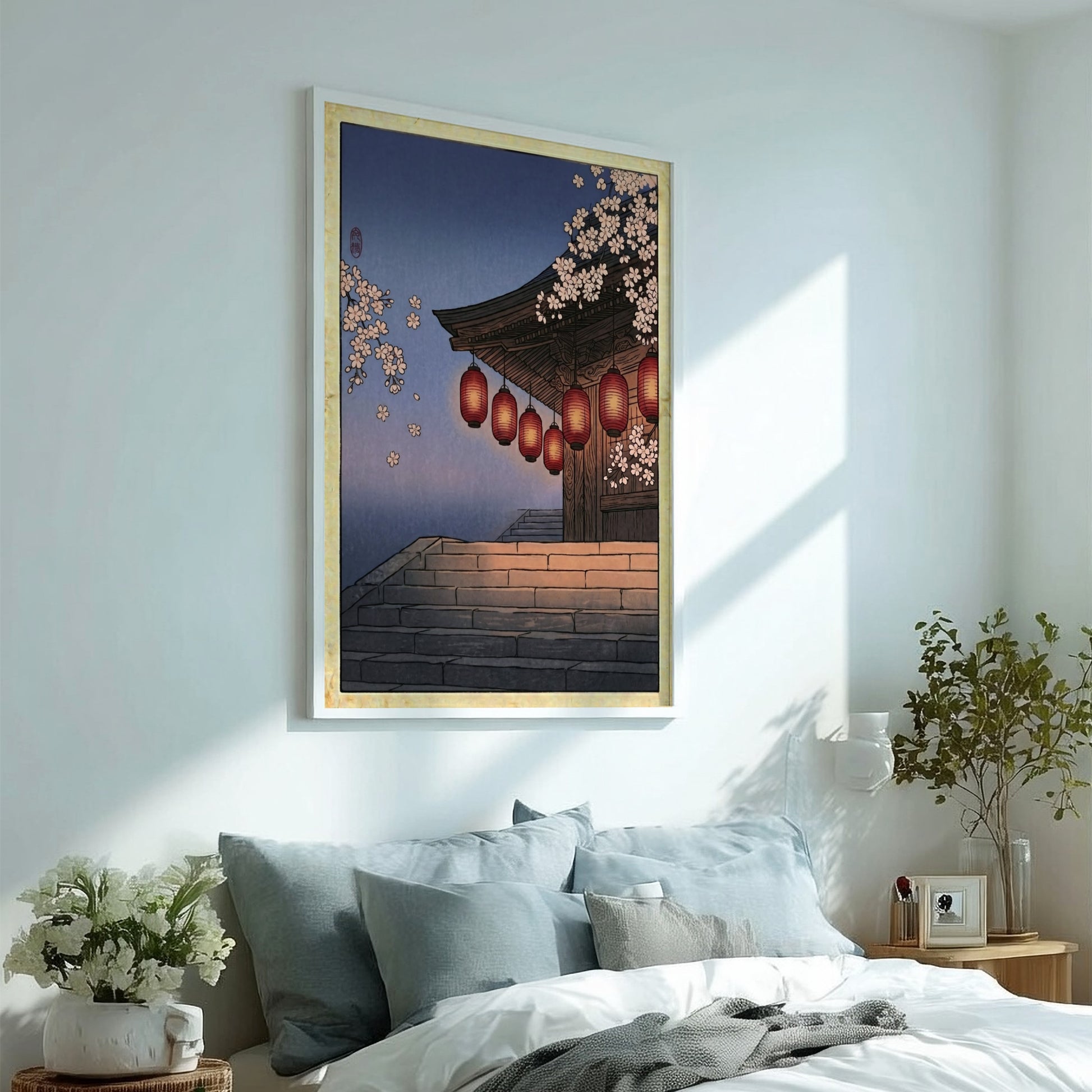 Japanese art style poster featuring red lanterns and cherry blossoms in soft twilight colors