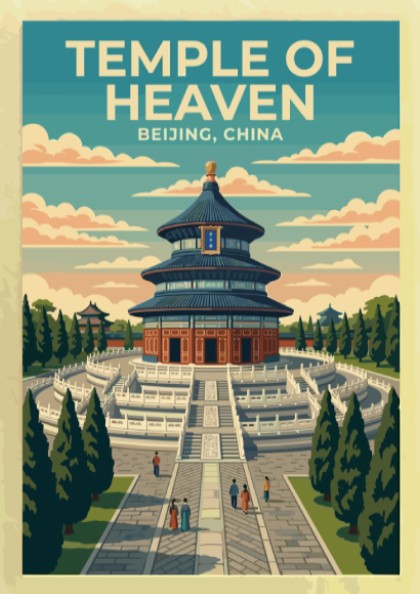 Temple of Heaven travel poster showcasing vintage style, featuring blue and green hues and iconic