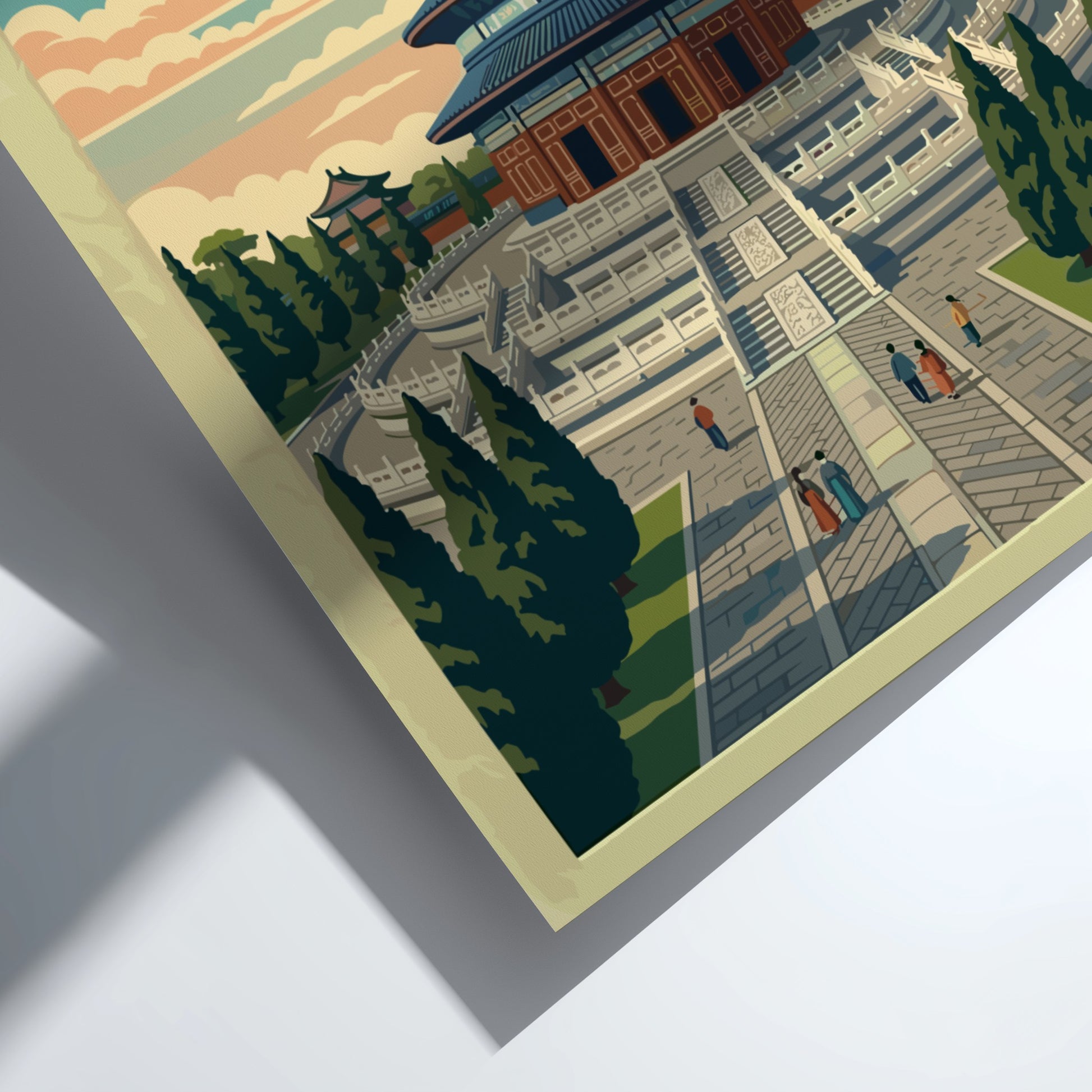 Temple of Heaven travel poster showcasing vintage style, featuring blue and green hues and iconic