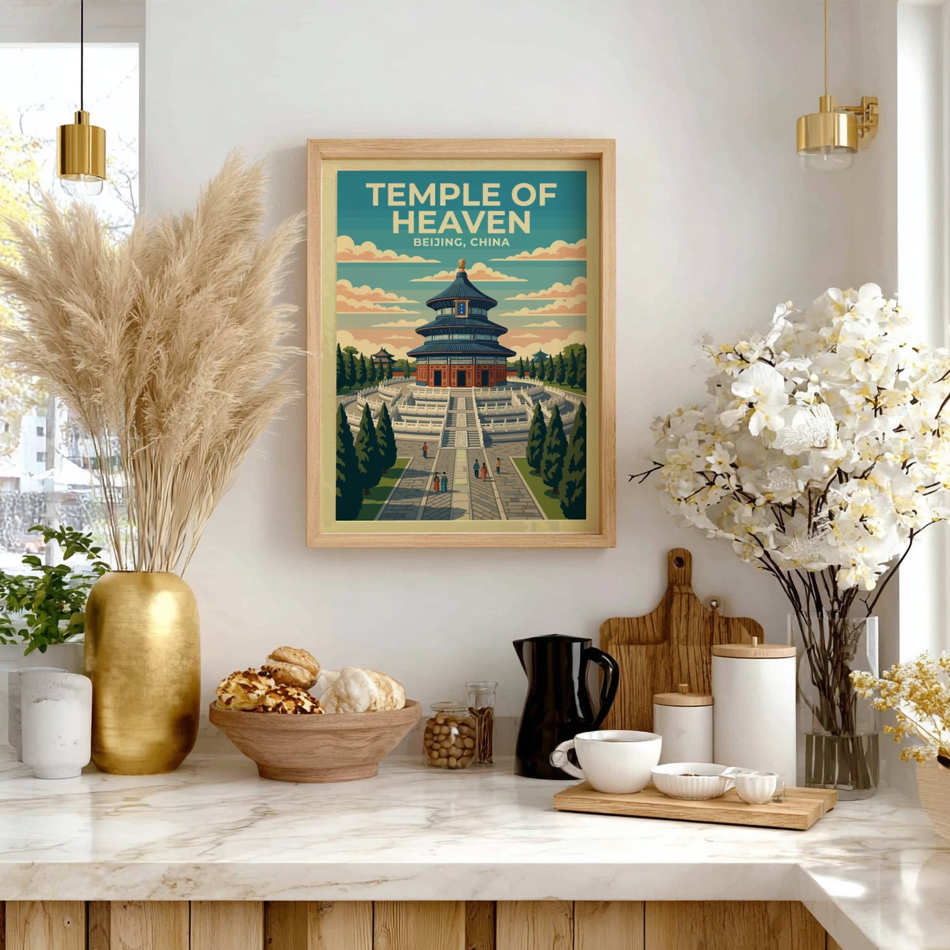 Temple of Heaven travel poster showcasing vintage style, featuring blue and green hues and iconic