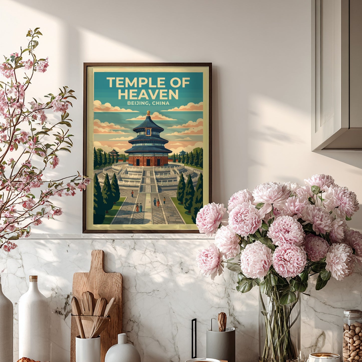 Temple of Heaven travel poster showcasing vintage style, featuring blue and green hues and iconic