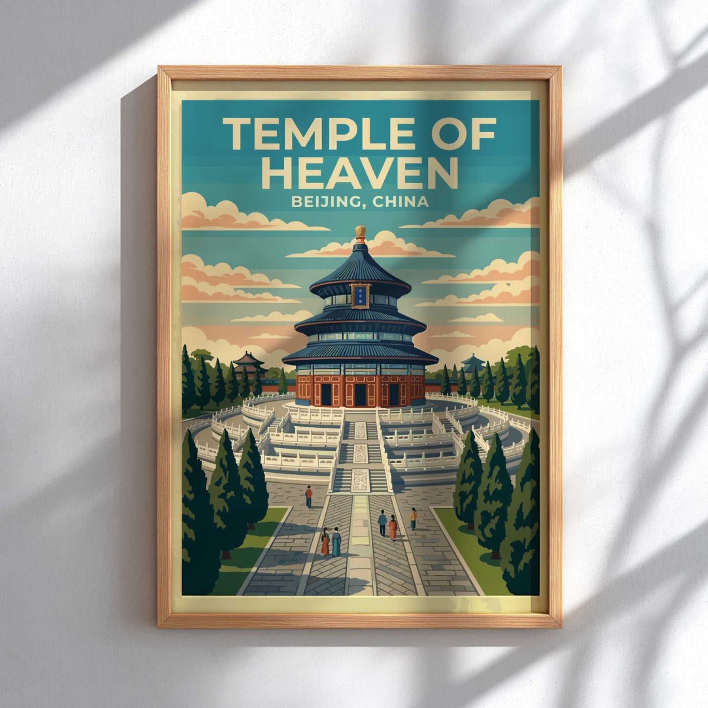 Temple of Heaven travel poster showcasing vintage style, featuring blue and green hues and iconic