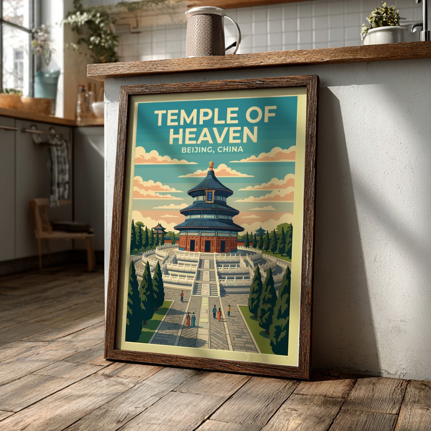 Temple of Heaven travel poster showcasing vintage style, featuring blue and green hues and iconic