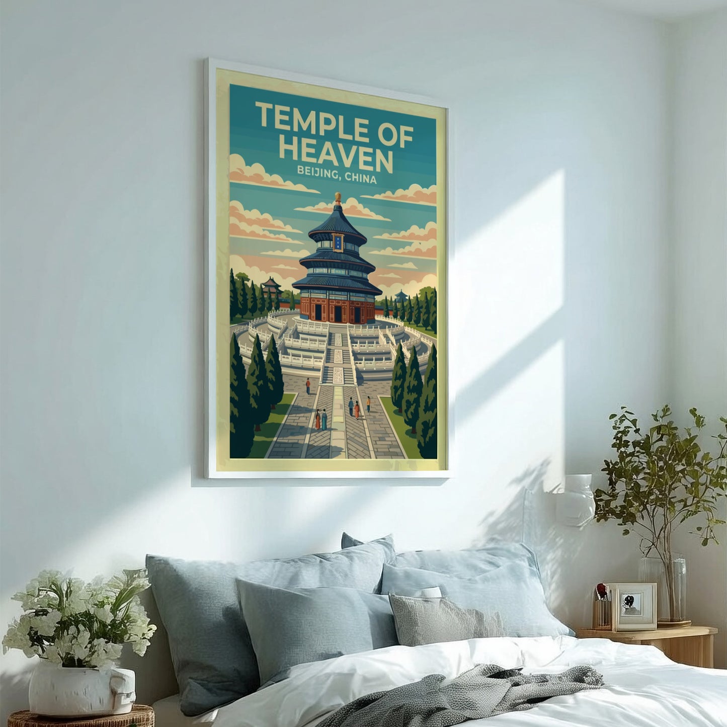 Temple of Heaven travel poster showcasing vintage style, featuring blue and green hues and iconic