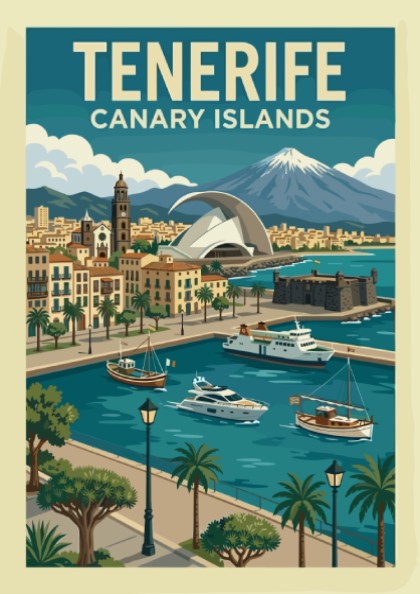 Retro travel poster of Tenerife, Canary Islands, showcasing a coastal town, boats, and a mountain.