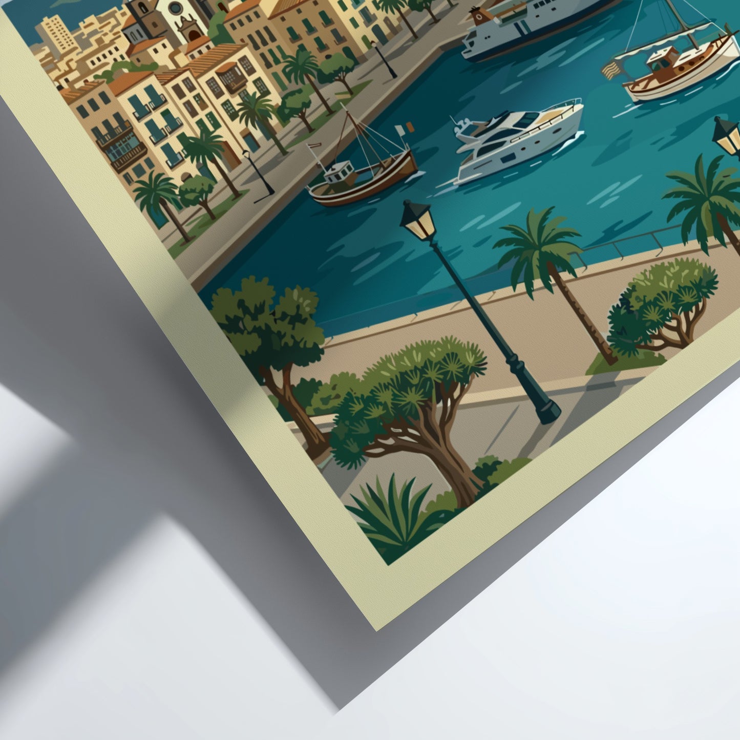 Retro travel poster of Tenerife, Canary Islands, showcasing a coastal town, boats, and a mountain.