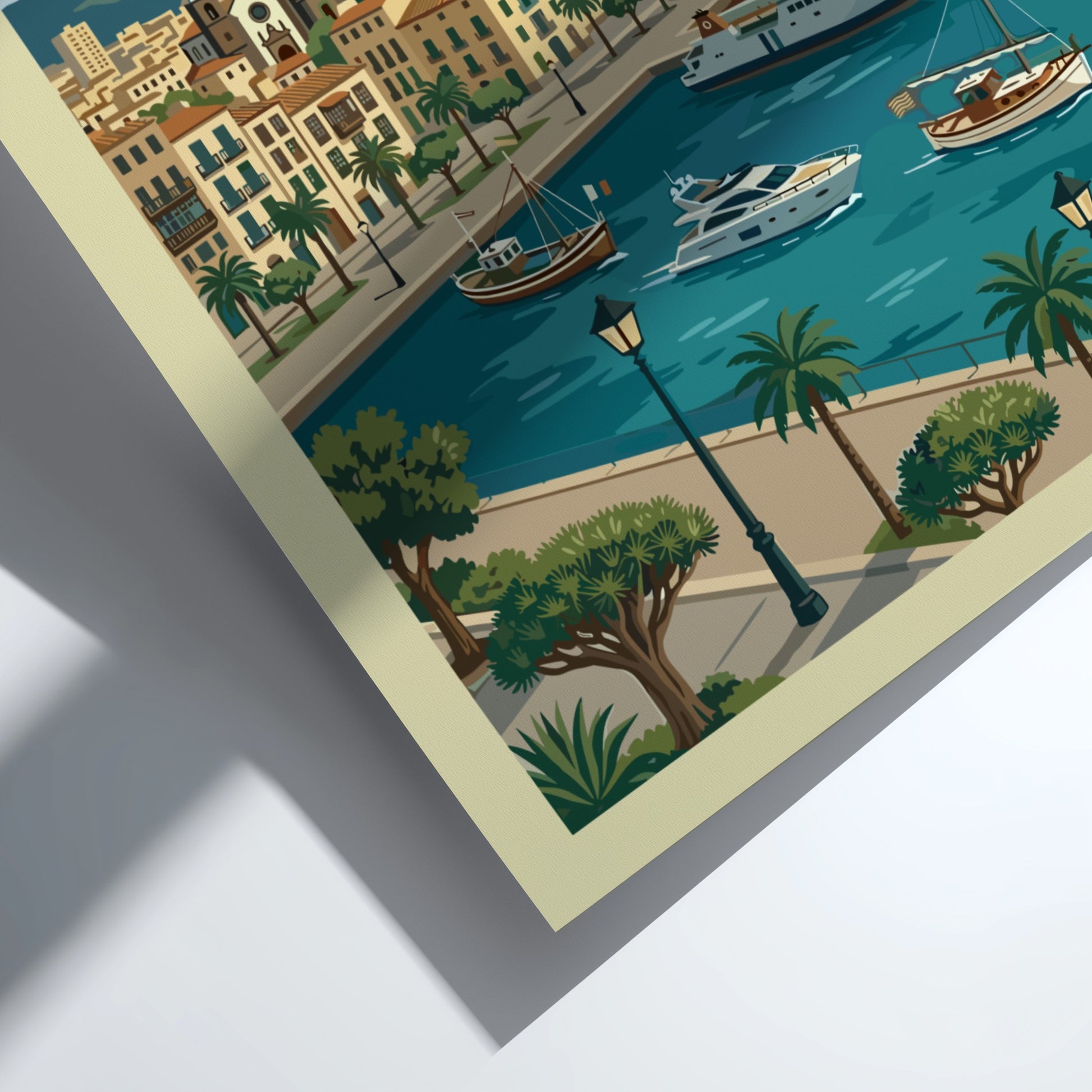 Retro travel poster of Tenerife, Canary Islands, showcasing a coastal town, boats, and a mountain.