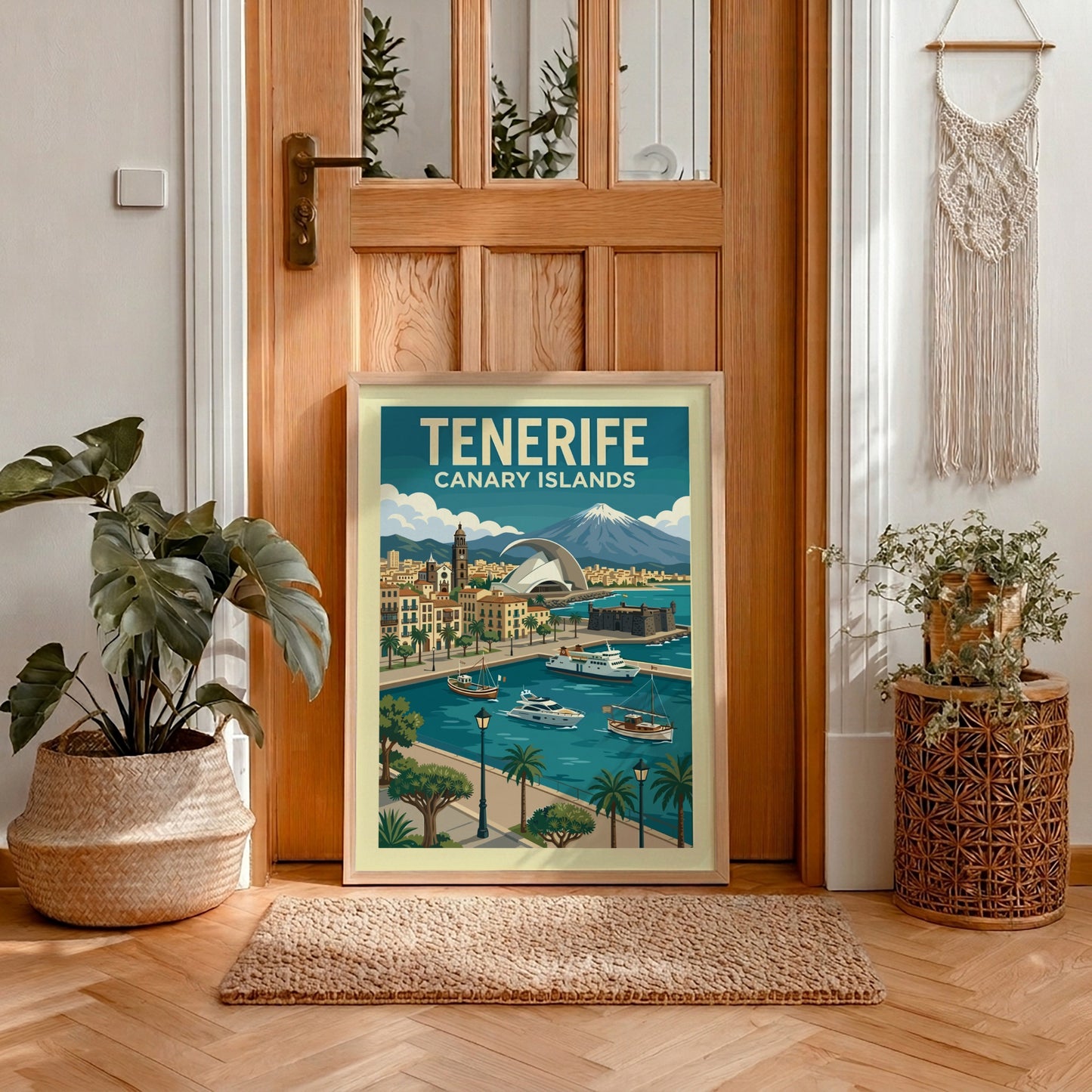 Retro travel poster of Tenerife, Canary Islands, showcasing a coastal town, boats, and a mountain.