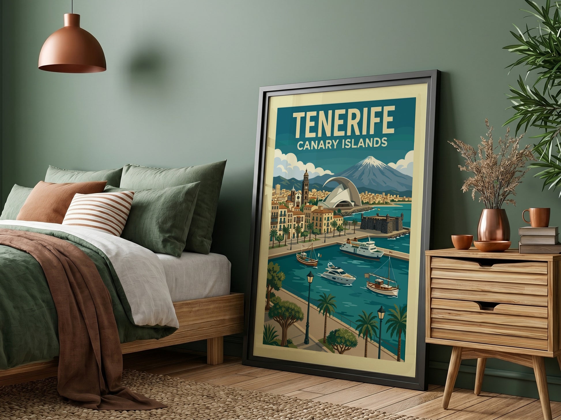 Retro travel poster of Tenerife, Canary Islands, showcasing a coastal town, boats, and a mountain.