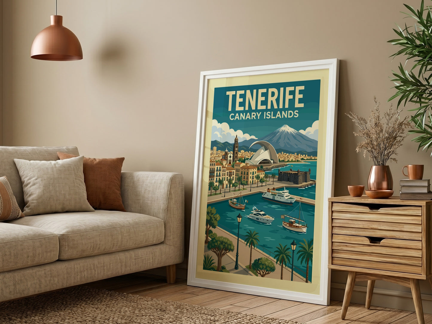 Retro travel poster of Tenerife, Canary Islands, showcasing a coastal town, boats, and a mountain.