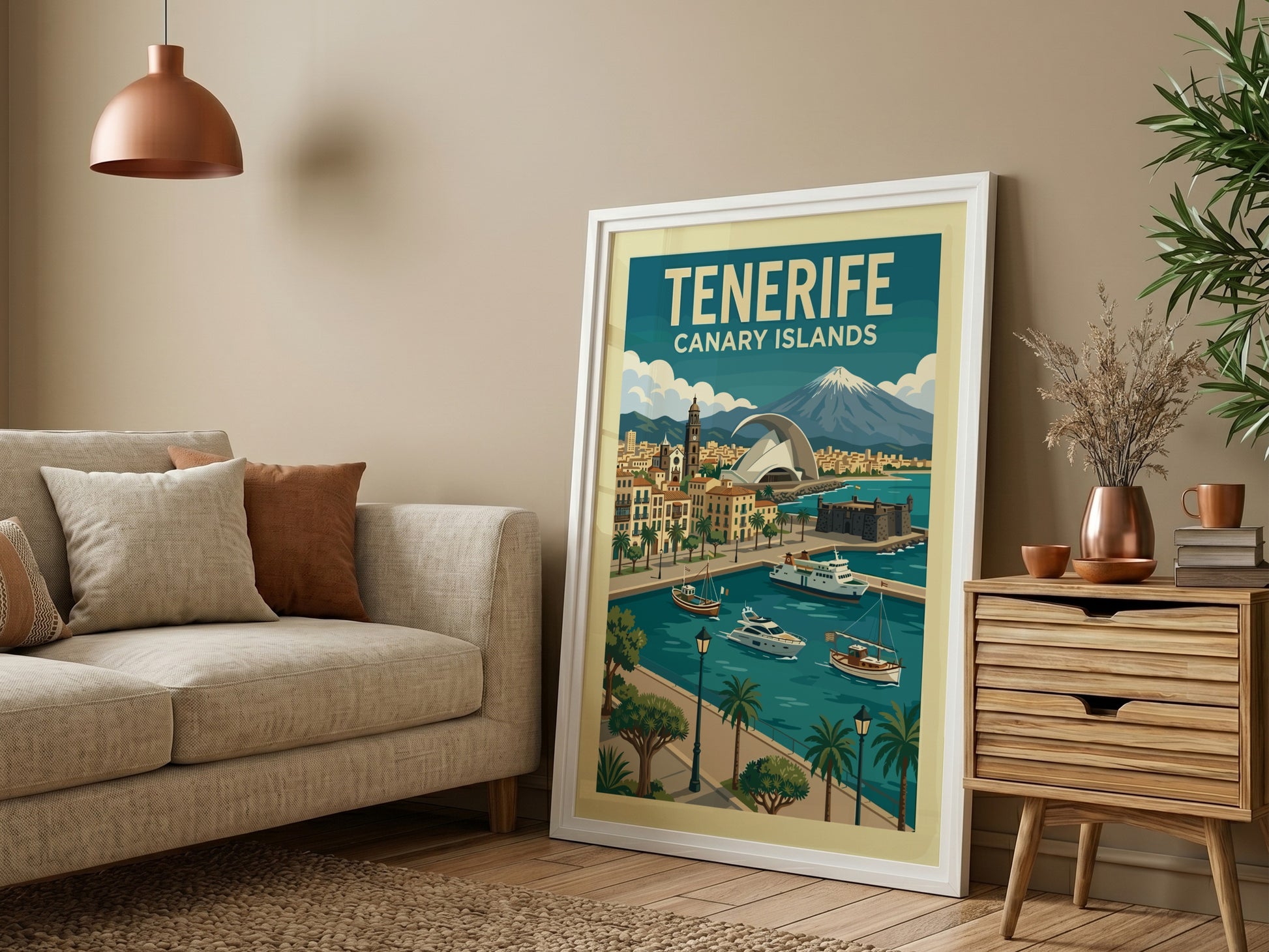 Retro travel poster of Tenerife, Canary Islands, showcasing a coastal town, boats, and a mountain.