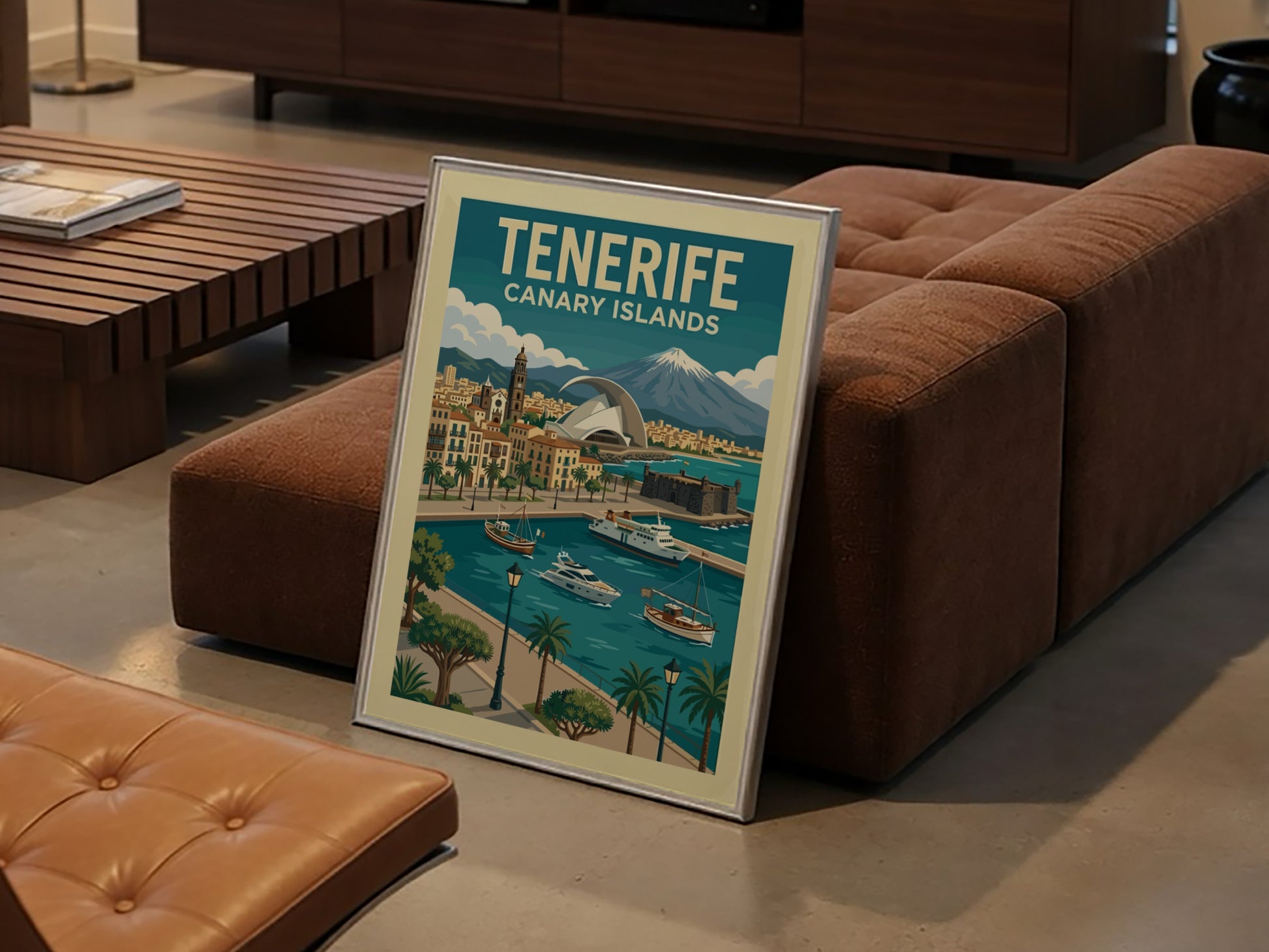 Retro travel poster of Tenerife, Canary Islands, showcasing a coastal town, boats, and a mountain.