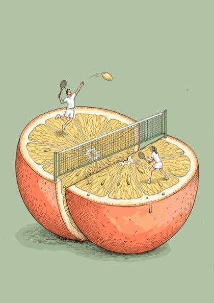 Poster featuring two tennis players competing on the segments of a giant halved orange