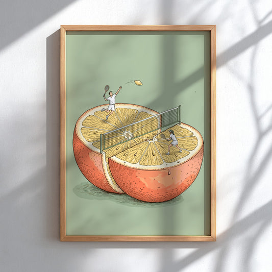Poster featuring two tennis players competing on the segments of a giant halved orange