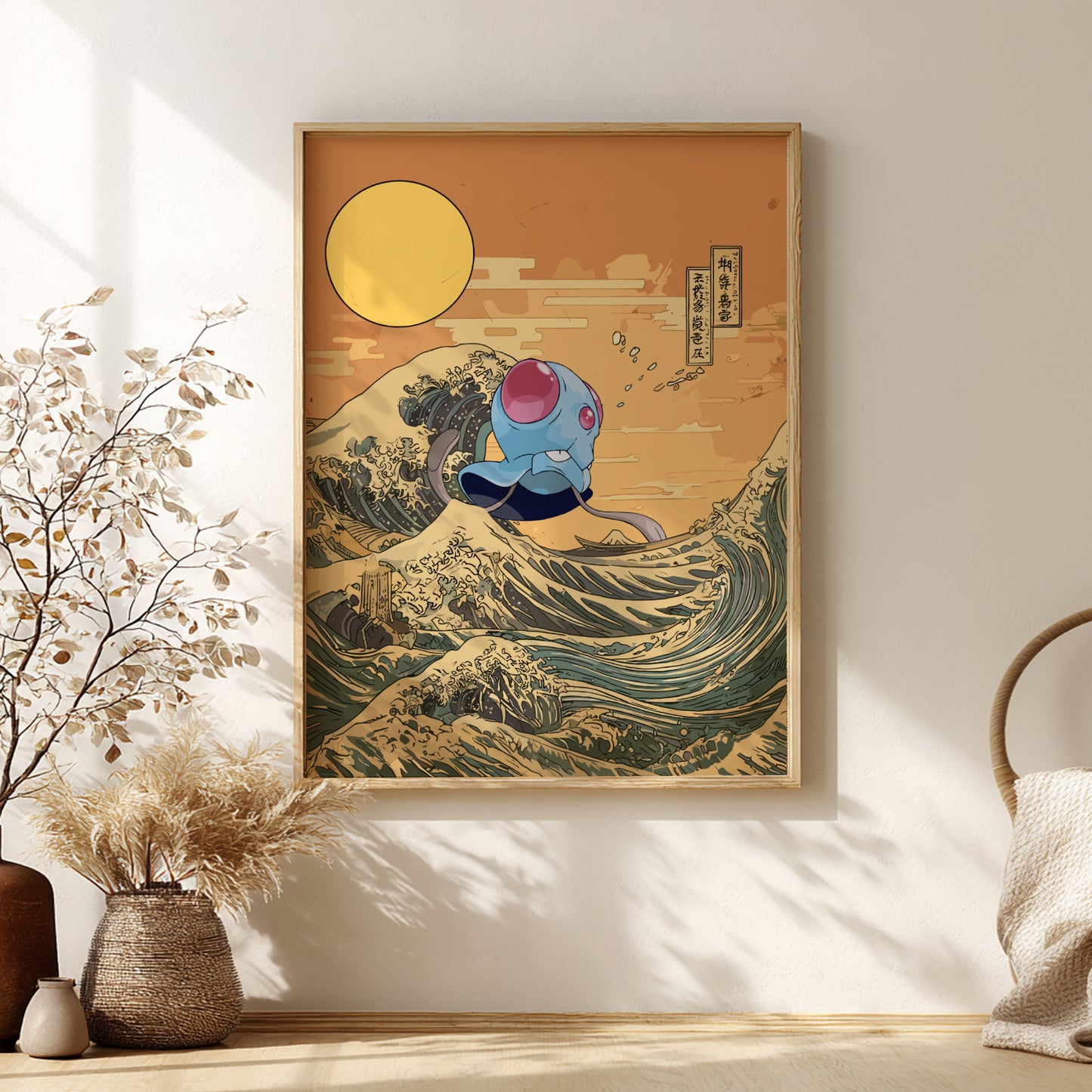 Framed artwork with Tentacool Pokemon character on a wave, resembling 'The Great Wave' by Hokusai, in a room setting.